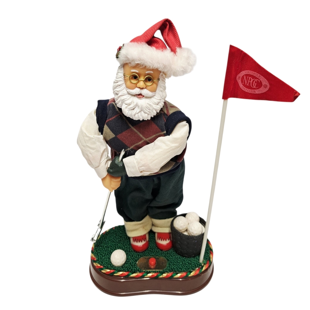 Vintage Santa Claus Golf Figurine with Red Flag Battery Opertated Works